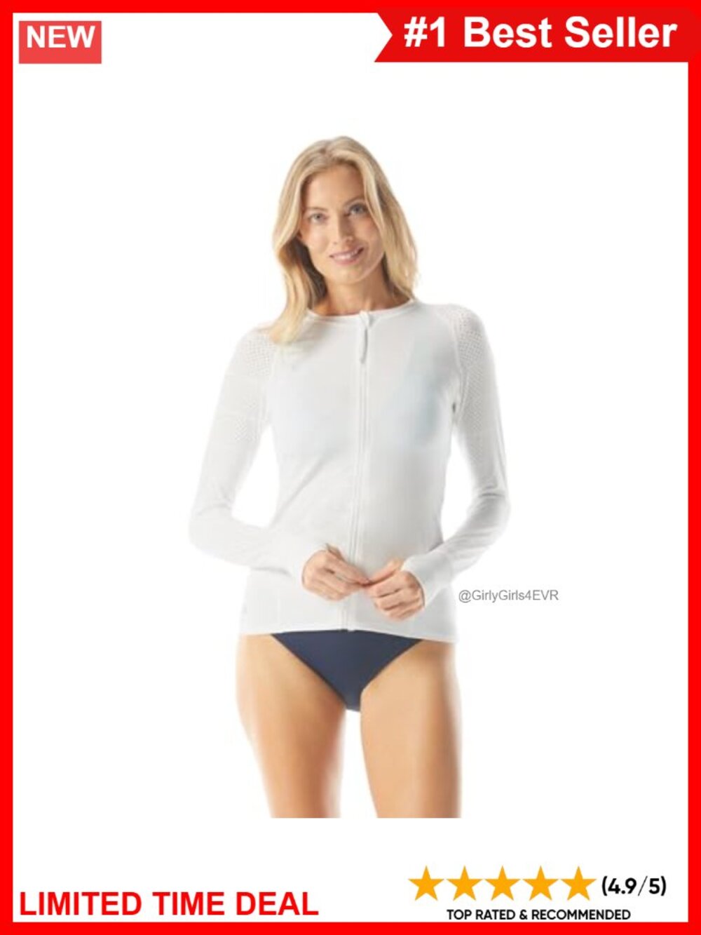 Long Sleeve Rash Guard Swim Top Zip Front UPF 50+ Thumb Holes